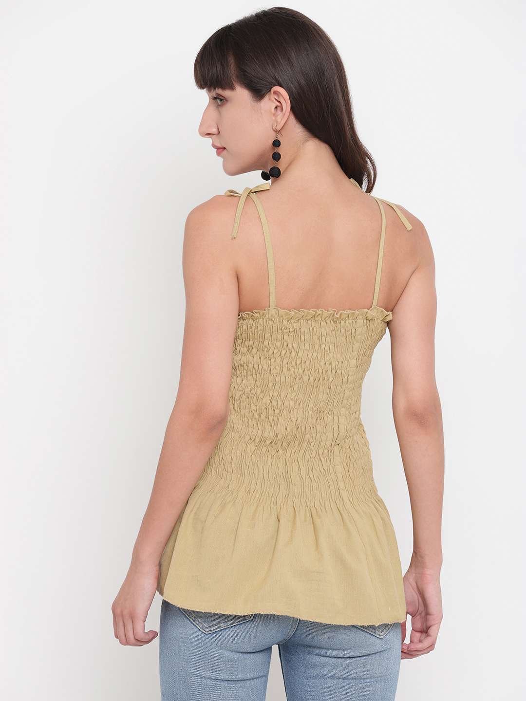 Women's Rayon Solid Casual Summer Style Tie Shoulder Straps Free Size Tank Top (Beige) - Image 3
