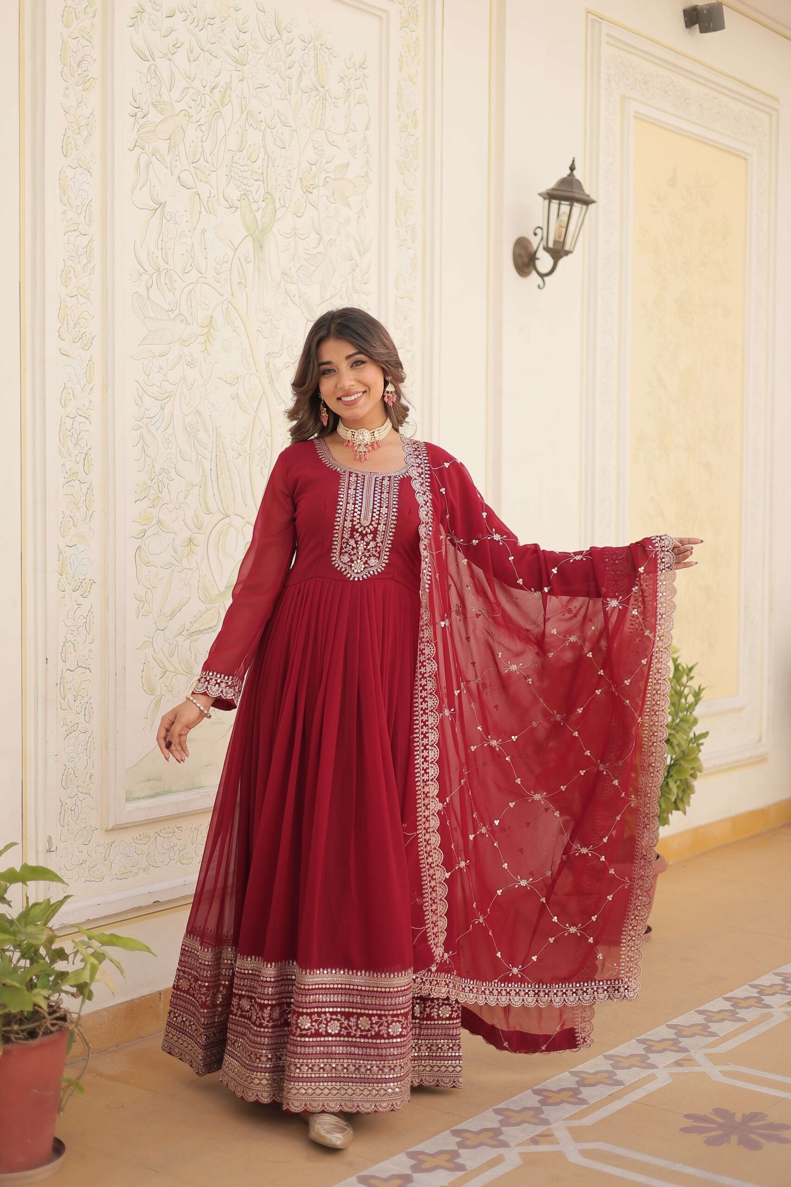 Maroon Faux Blooming Sequins Embroidered Gown with Matching Dupatta ? Festive & Party Wear 2024 - Image 4