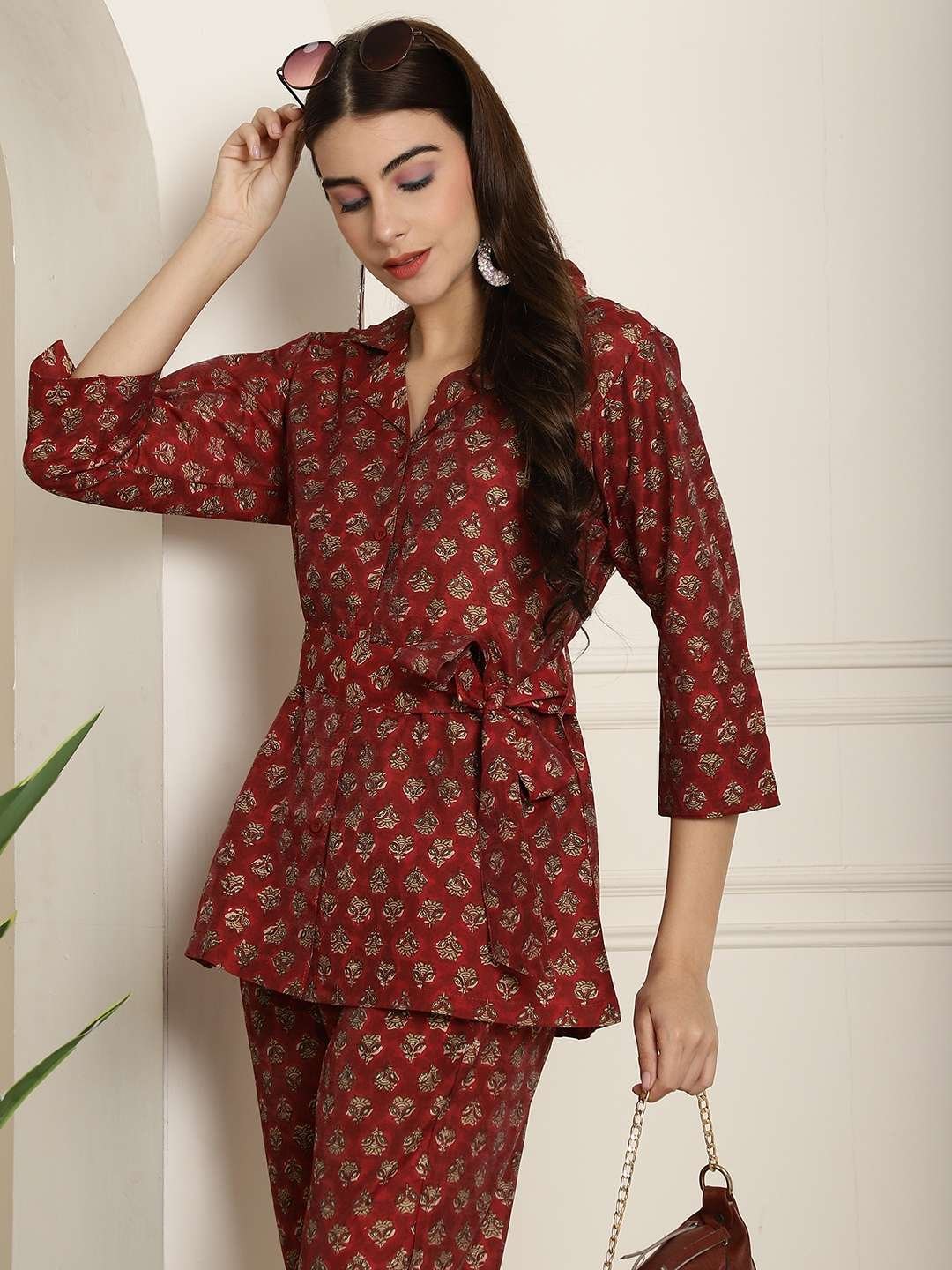Women's Pure Cotton Printed Collared Top and Pant Co-ord Set (Maroon) - Image 5