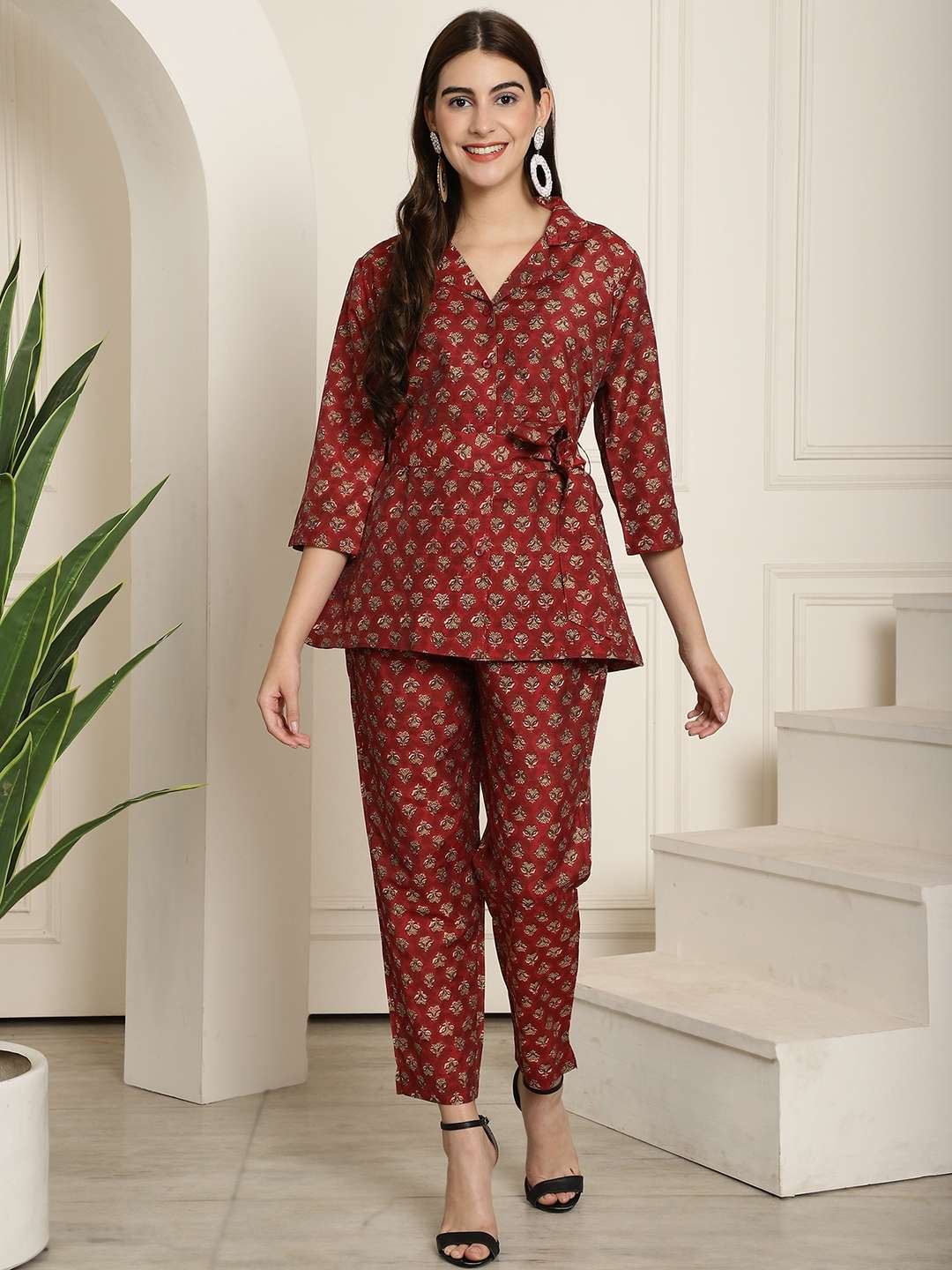 Women's Pure Cotton Printed Collared Top and Pant Co-ord Set (Maroon) - Image 8