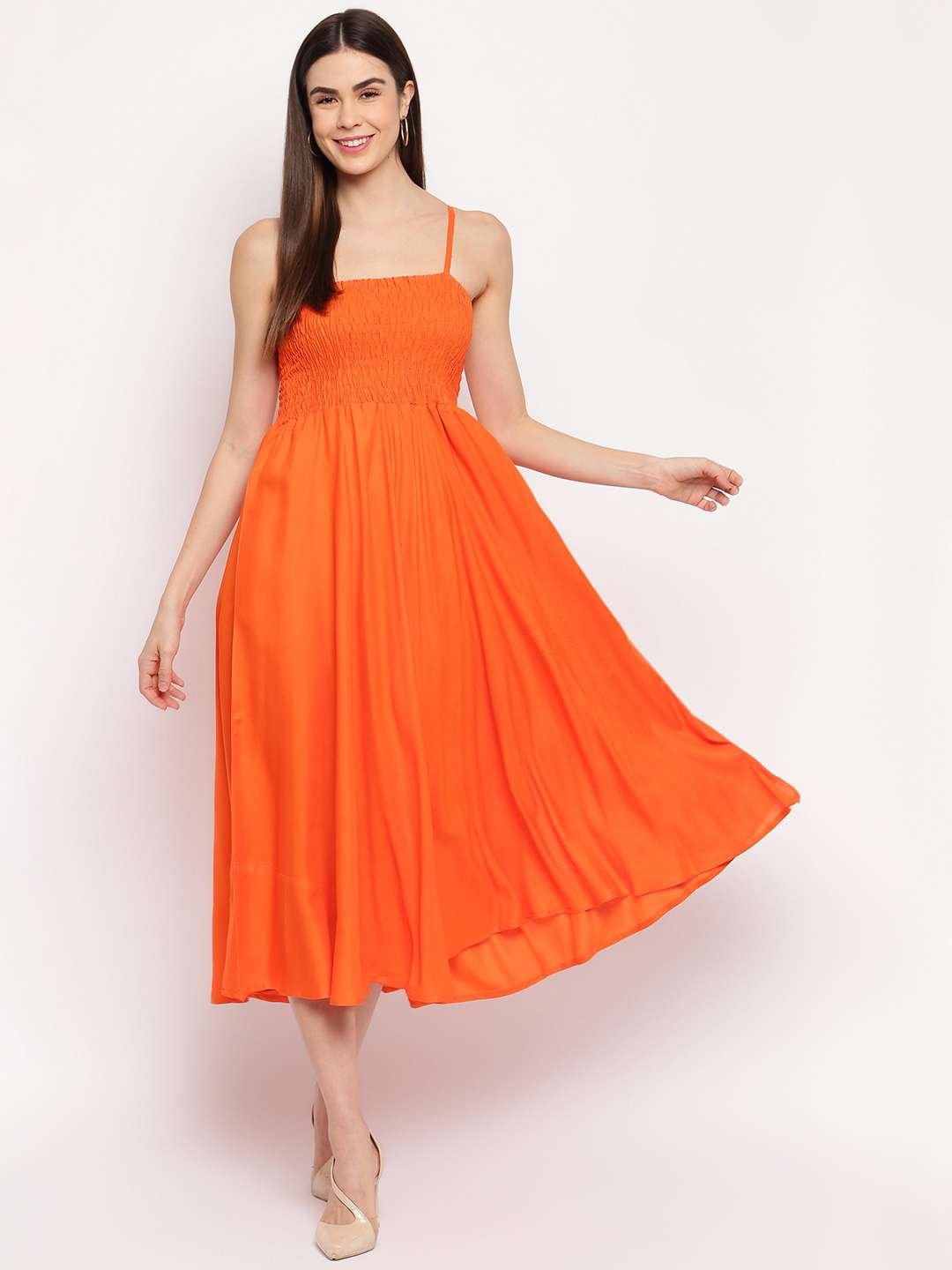 Women's Viscose Rayon Solid Shoulder Straps Sleeveless Flared Gown Drees (Orange) - Image 3