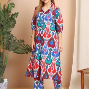 Women's Pure Cotton Printed Collared Top and Pant Co-ord Set (Multti Color5)