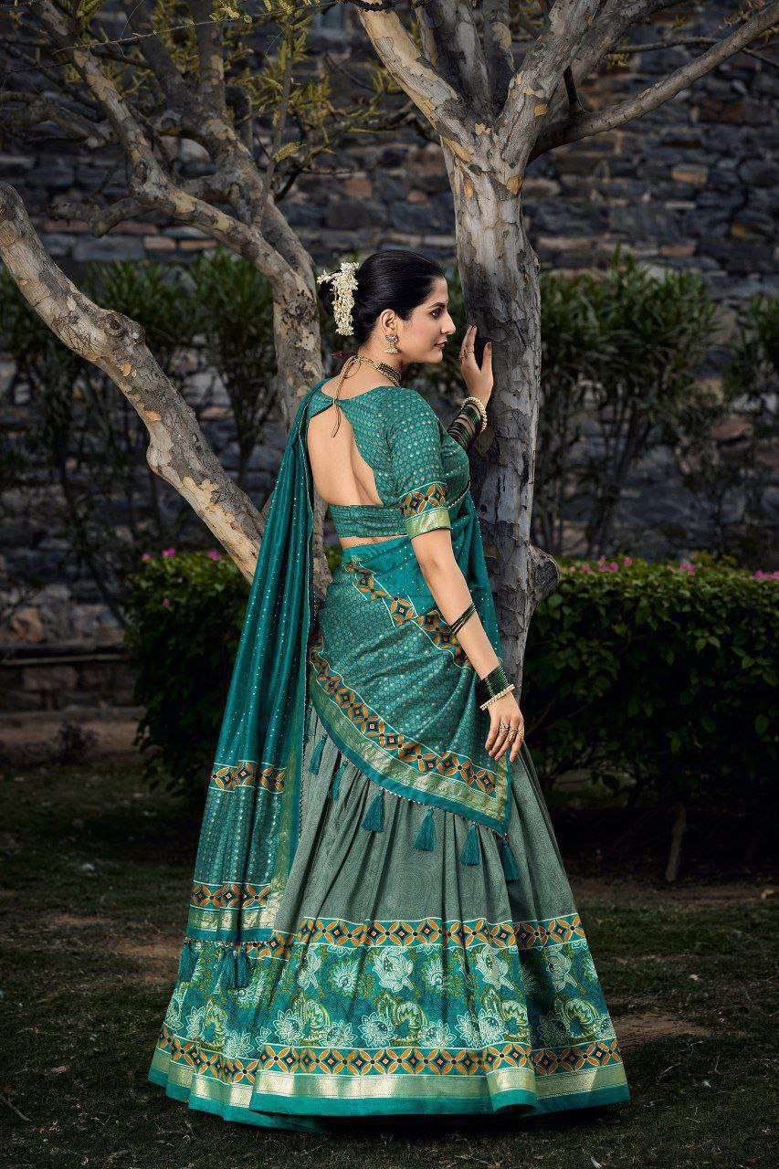 Sea Green Tussar Silk Lehenga Choli with Sea Green Blouse | Floral & Foil Print | Wedding & Festive Wear - Image 3