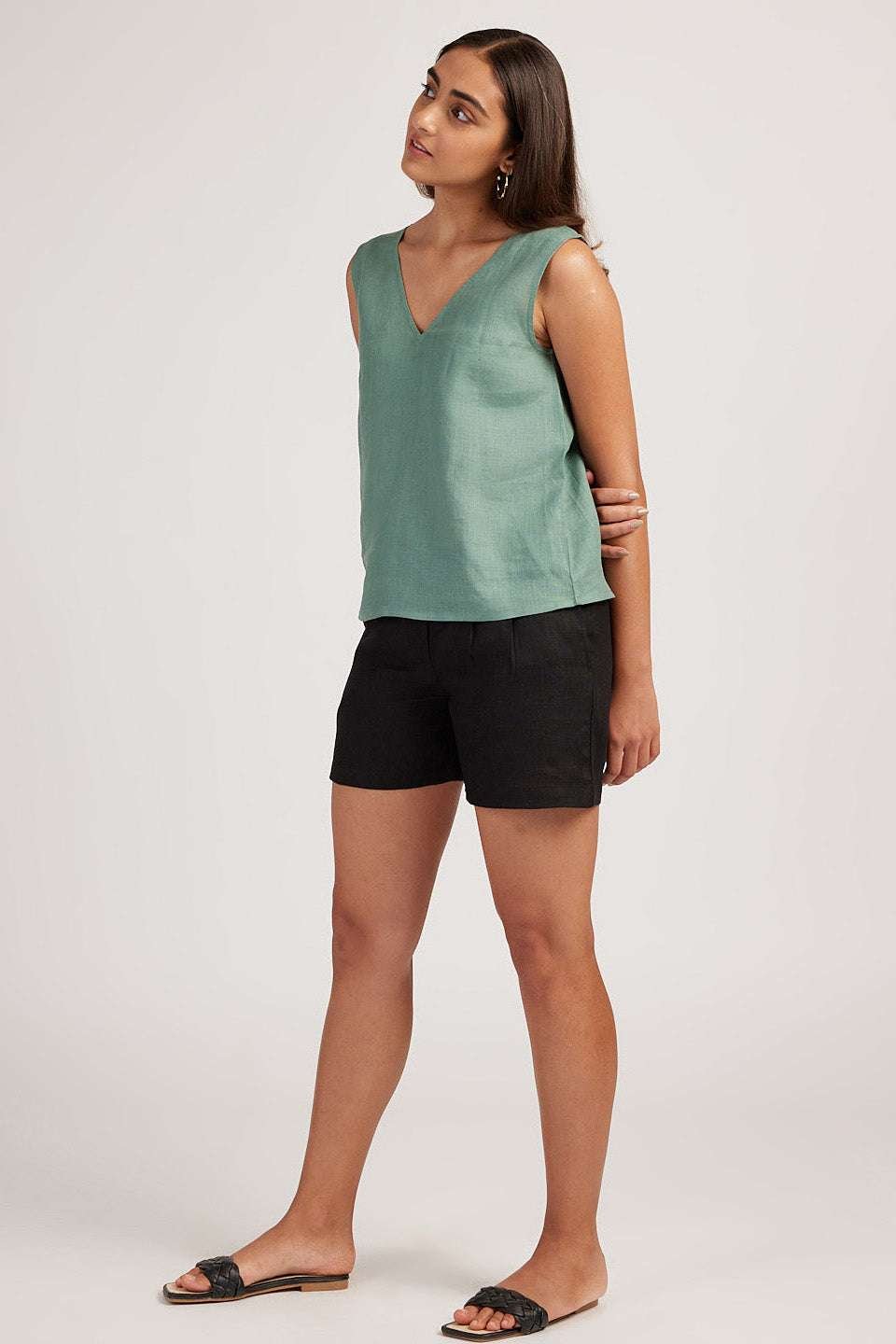 Women's Cotton Solid V Neck Sleevleess 2 Piece Outfit Loose Tank Top and Shot Scult Sets cord set ( Pista Green Black ) - Image 2