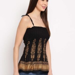 Women's Rayon Buta Printed Casual Summer Style Tie Shoulder Straps Free Size Tank Top ( Black Gold Pattern)