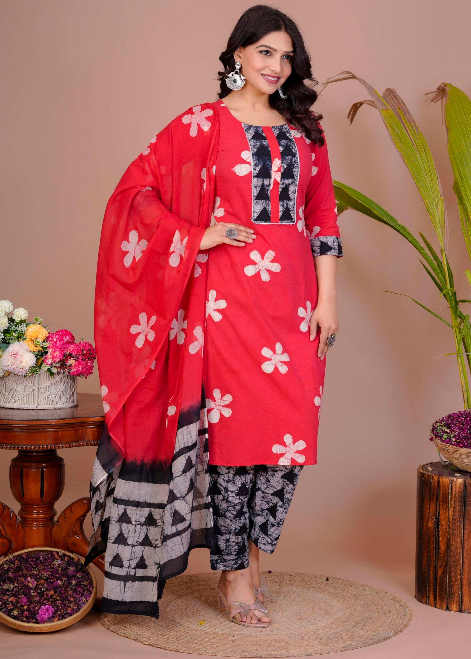 Women's Red Cotton Printed Straight Kurti with Pant & Dupatta Set - Image 6