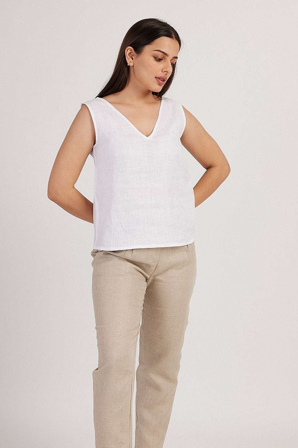 Women's Cotton Solid V Neck Sleeveless 2 Piece Outfit Loose Tank Top and Wide Leg Palazzo Pants Sets cord set ( White Beige ) - Image 2