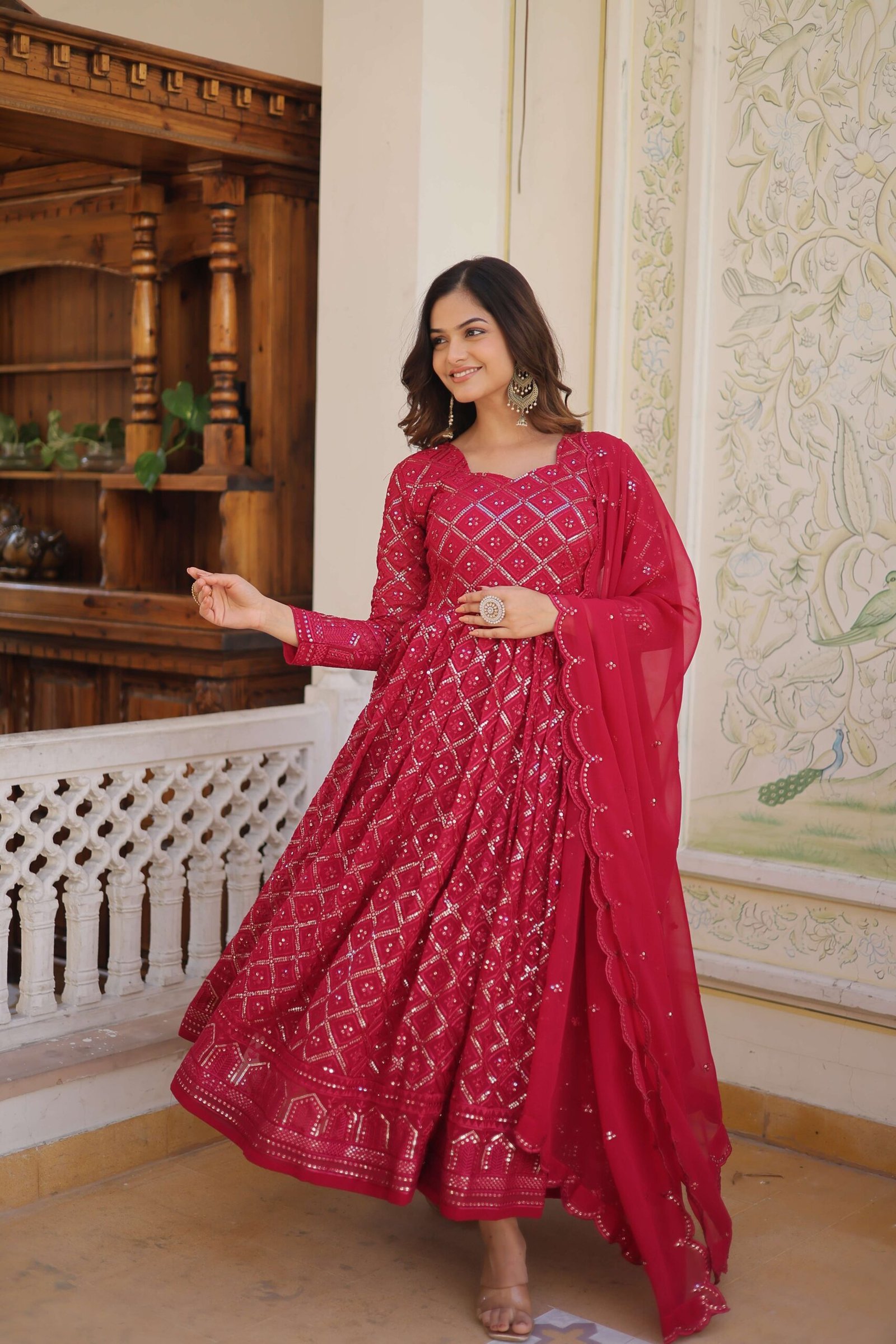 Rani Faux Blooming Designer Gown with Sequined Dupatta ? Elegant Fully Flared Party & Wedding Set - Image 4