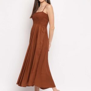 Women's Viscose Rayon Solid Shoulder Straps Sleeveless Flared Gown Drees (Brown)