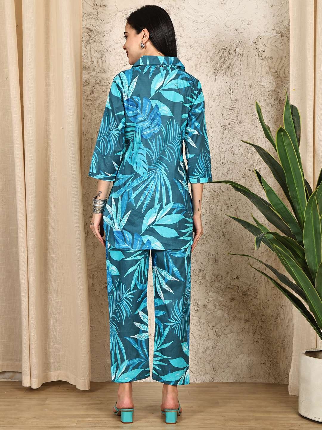 Women's Pure Cotton Printed Collared Top and Pant Co-ord Set (Multti Color2) - Image 2