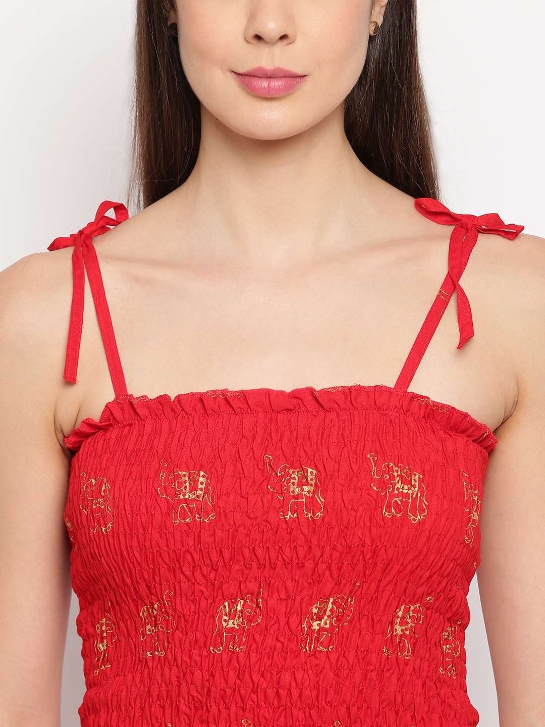 Women's Rayon Elephant Print Casual Summer Style Tie Shoulder Straps Free Size Tank Top ( Red Gold Pattern) - Image 4