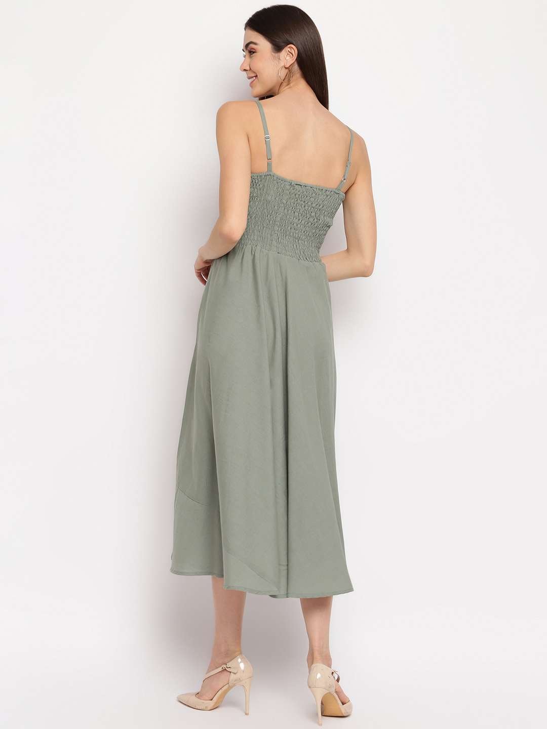 Women's Viscose Rayon Solid Shoulder Straps Sleeveless Flared Gown Drees (Pista) - Image 4