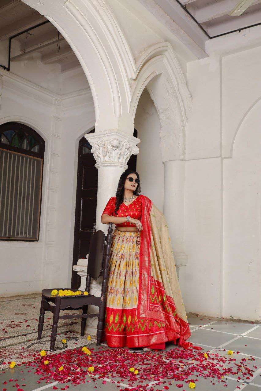 Scarlet Yellow Dola Silk Lehenga Choli with Red Blouse | Patola Print & Foil Work | Wedding & Festive Wear