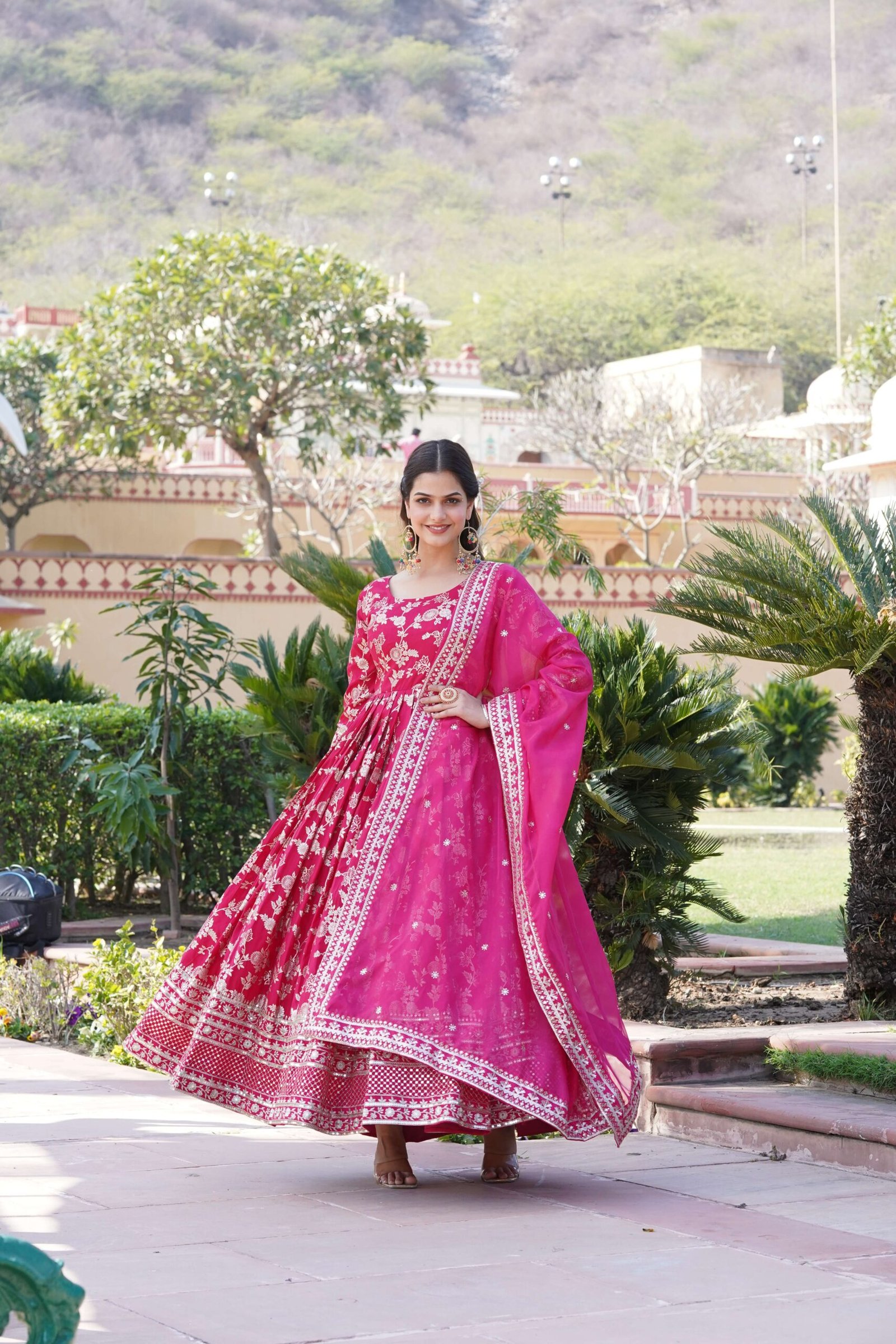 Pink Viscose Dyable Jacquard Gown with Russian Silk Sequined Dupatta ? Elegant Party & Wedding Set
