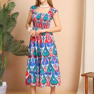 Women's Viscos Rayon Printed Off Shoulder Midi Dress For Summer And Casual Wear (Yellow)